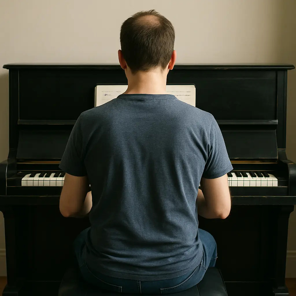 Homme de dos assis devant un piano
